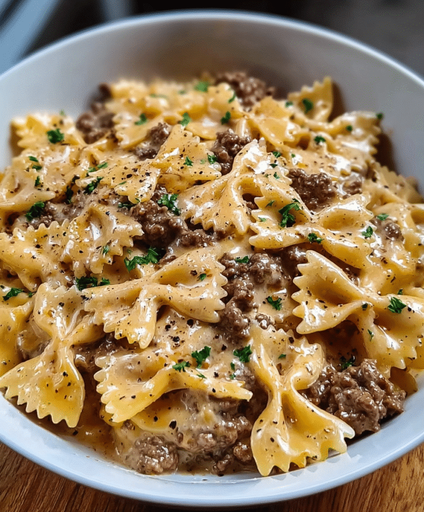 Creamy Parmesan Garlic Beef Bowtie Pasta