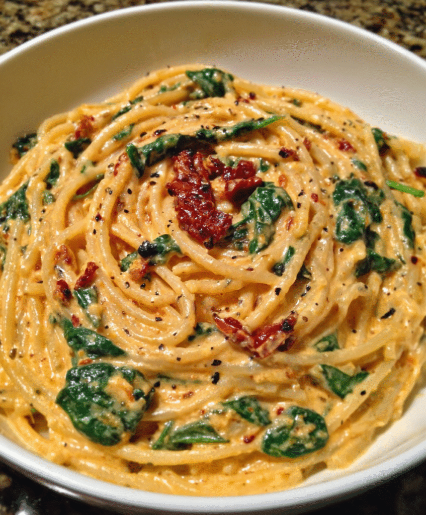 Spaghetti & Spinach with Sun-Dried Tomato Cream Sauce