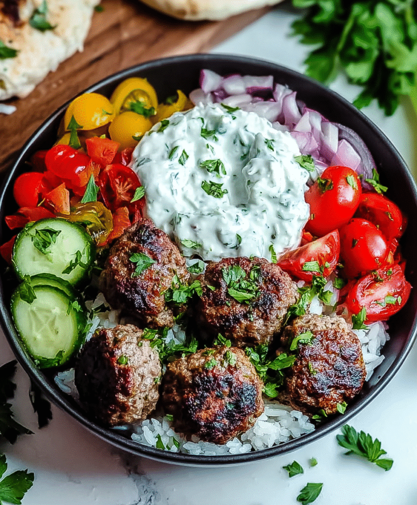 Greek Meatball Bowl with Tzatziki, Rice & Fresh Veggies
