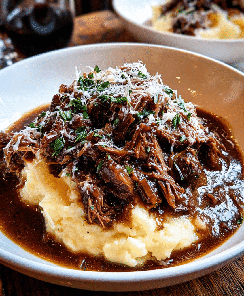 Tender Short Rib Ragu Over Silky Parmesan Mashed Potatoes