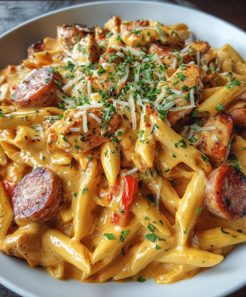 Spicy Creamy Pepper Jack Chicken and Sausage Pasta Skillet