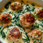 Creamy Garlic Chicken Meatballs with Spinach