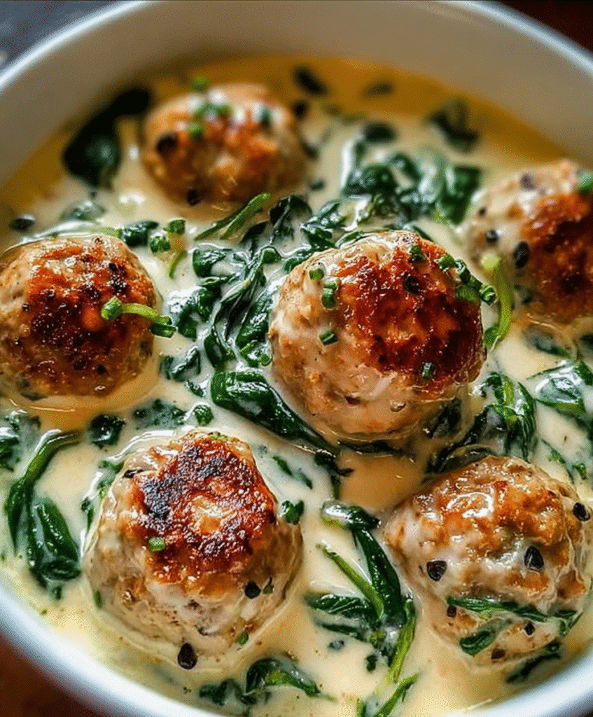 Creamy Garlic Chicken Meatballs with Spinach