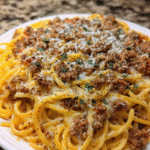 Velveeta Ground Beef Spaghetti in Garlic Parmesan Cream Sauce