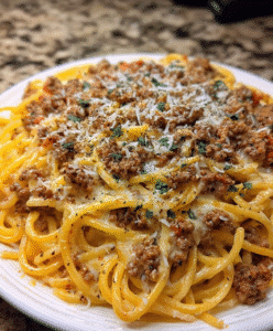 Velveeta Ground Beef Spaghetti in Garlic Parmesan Cream Sauce