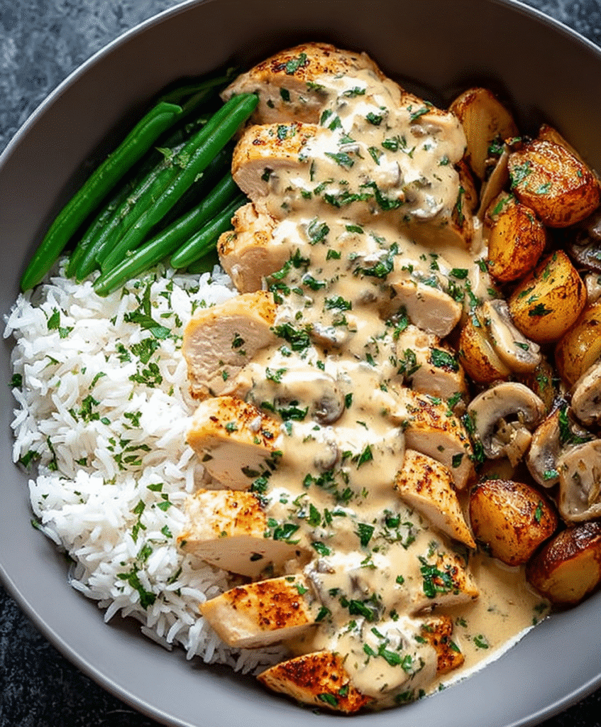 Creamy Herb Chicken with Green Beans and Steamed Rice