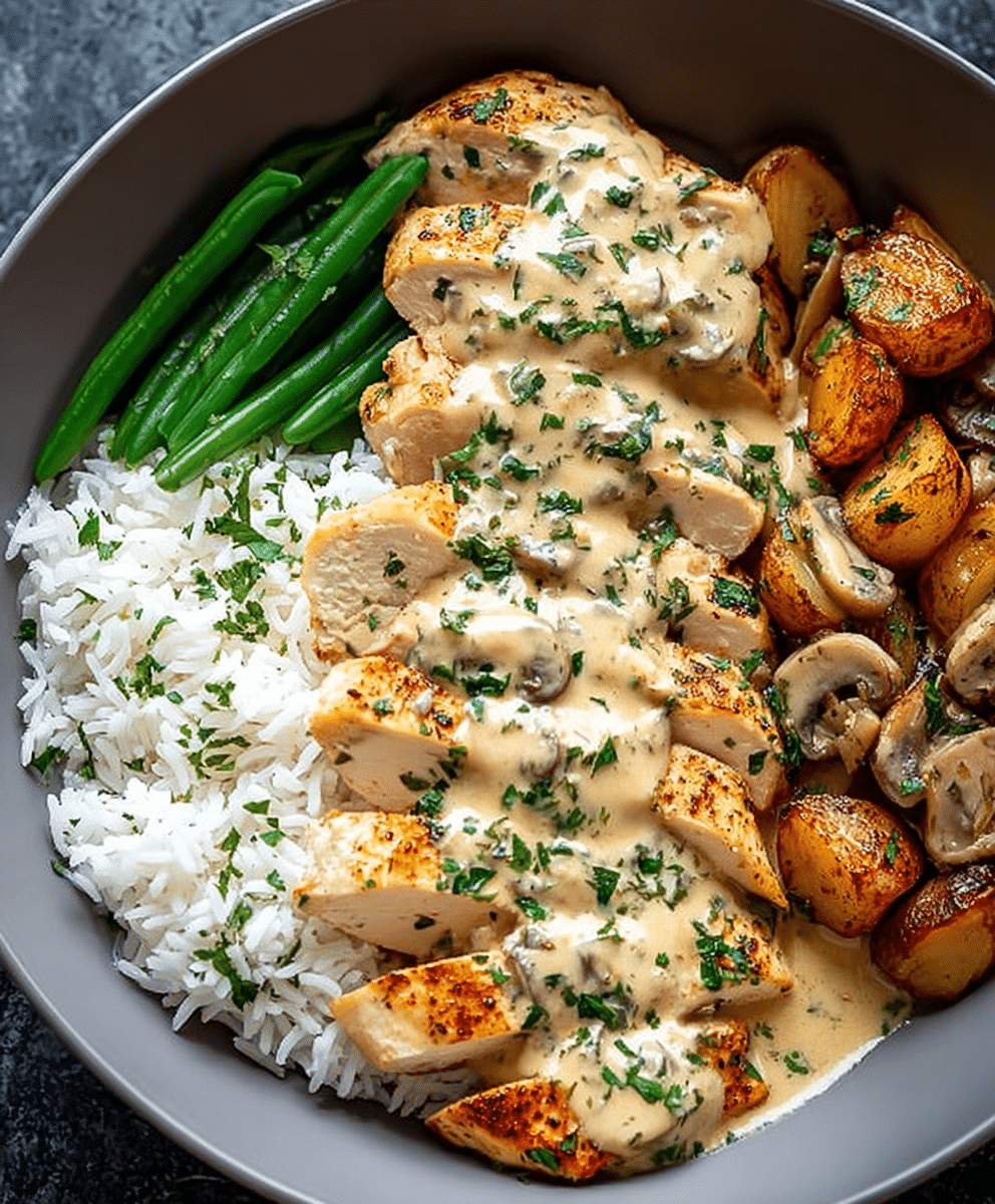 Creamy Herb Chicken with Green Beans and Steamed Rice
