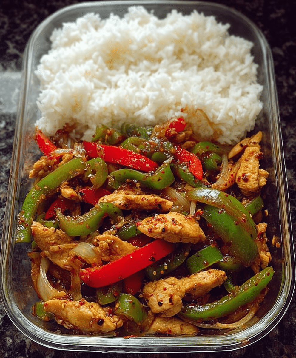 Spicy Garlic Pepper Chicken Stir-Fry with Steamed Rice
