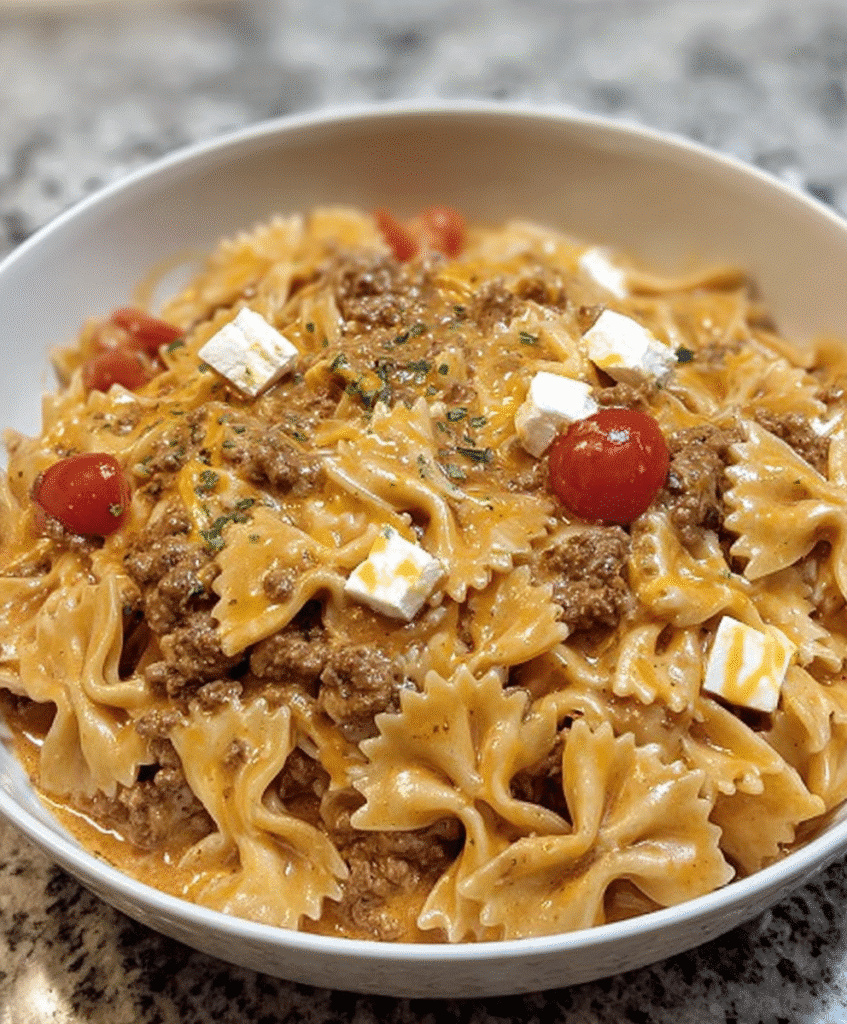 Cheesy Velveeta Bowtie Beef Pasta