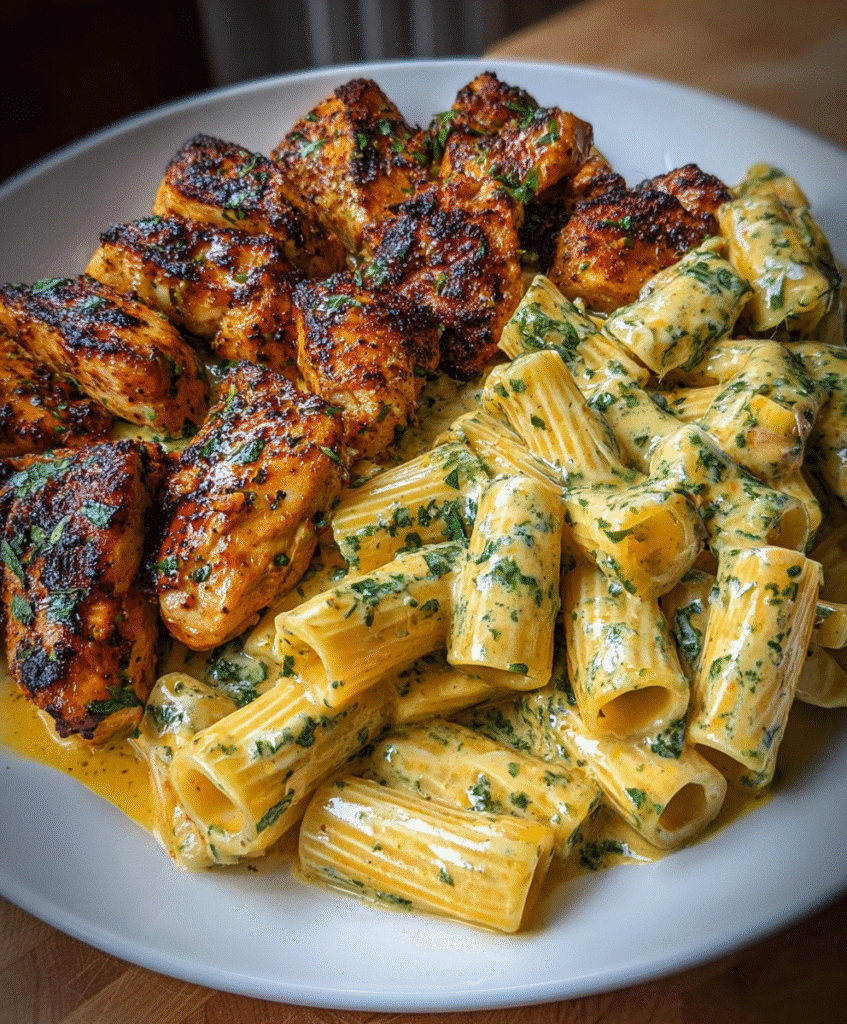 Cheddar Parmesan Garlic Butter Chicken with Creamy Rigatoni Pasta