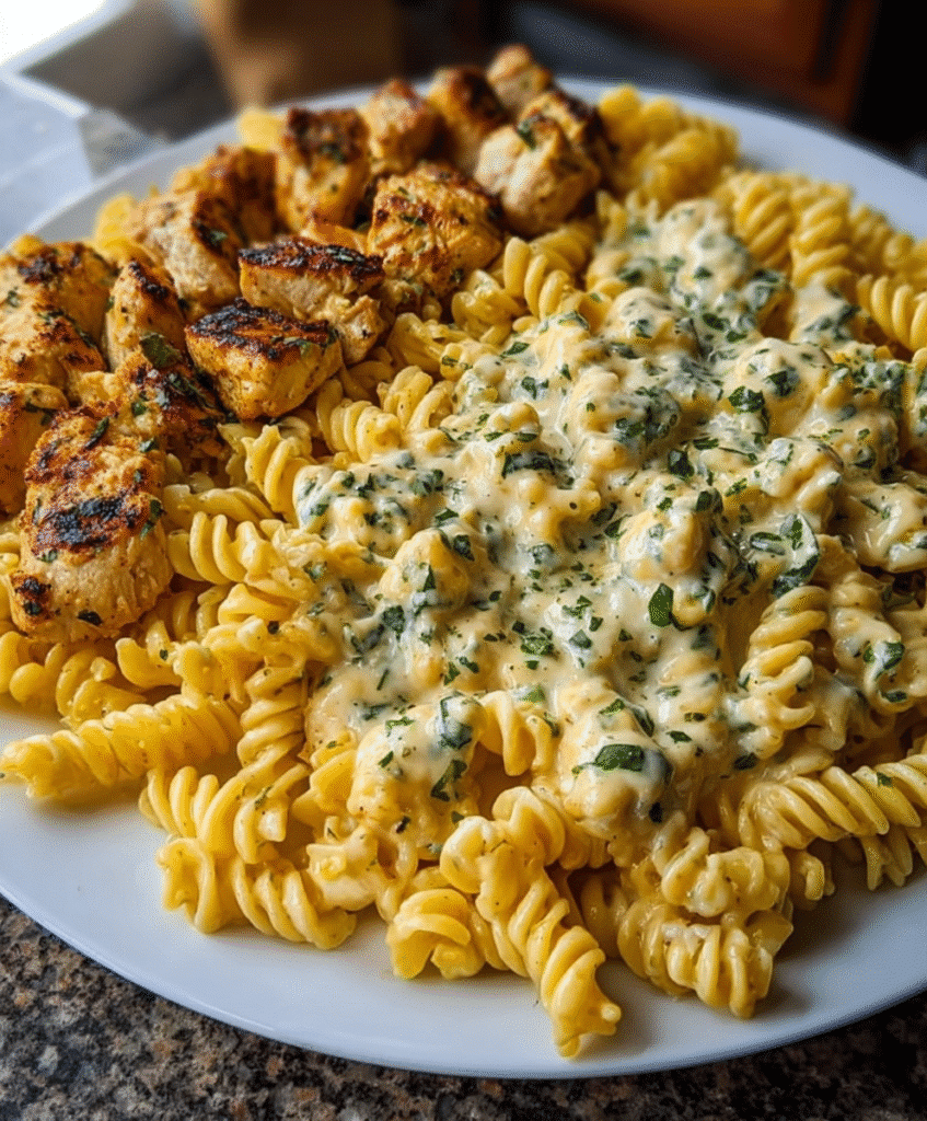 Cheesy Velveeta Chicken Twisted Pasta with Mozzarella Garlic Sauce