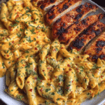 Garlic Parmesan Chicken Penne in Creamy Cajun Three-Cheese Sauce