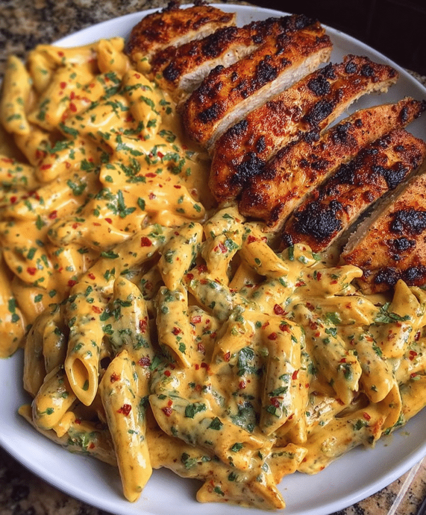 Garlic Parmesan Chicken Penne in Creamy Cajun Three-Cheese Sauce
