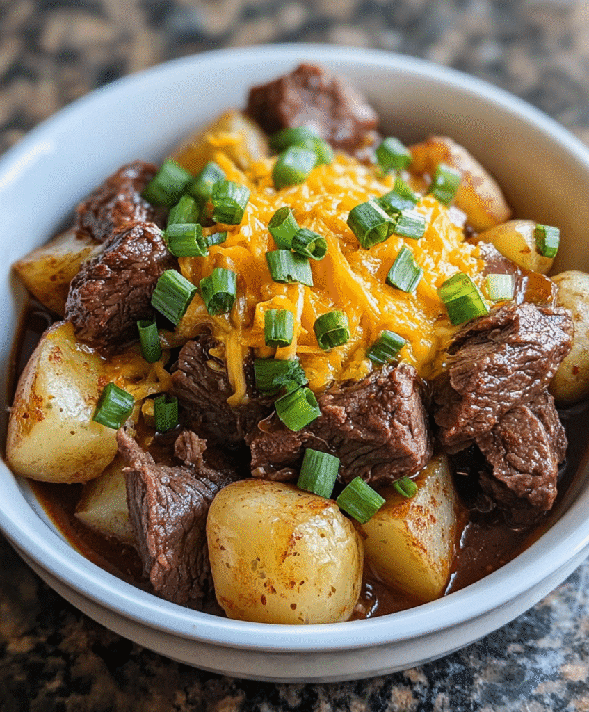 Crockpot Loaded Steak and Potato Bake