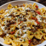 Creamy Ground Beef Bowtie Pasta with Mozzarella and Parmesan