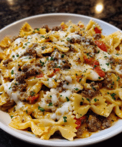 Creamy Ground Beef Bowtie Pasta with Mozzarella and Parmesan