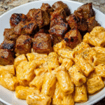 Cajun Steak Tips in Cheesy Rigatoni Parmesan Sauce