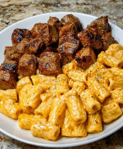 Cajun Steak Tips in Cheesy Rigatoni Parmesan Sauce