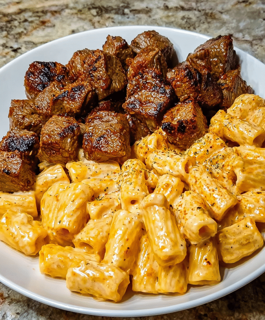 Cajun Steak Tips in Cheesy Rigatoni Parmesan Sauce