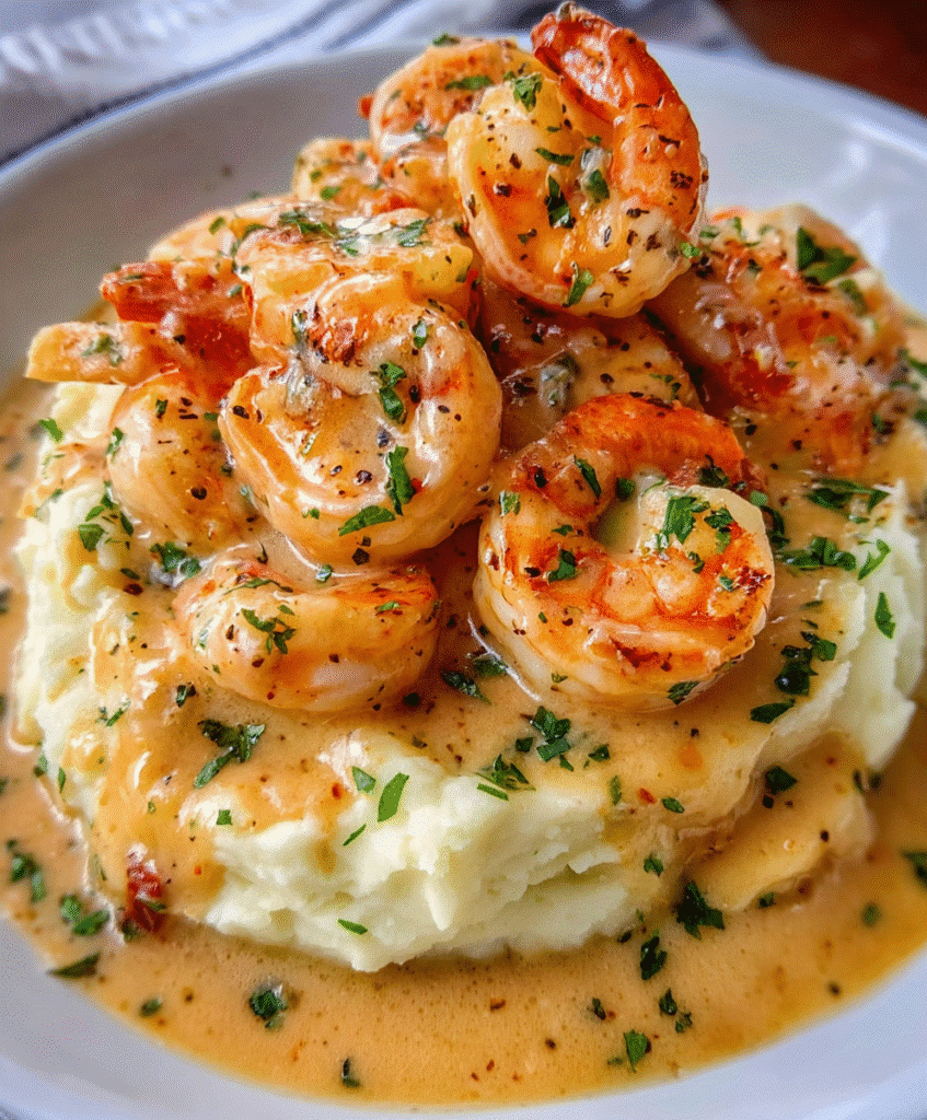 Creamy Garlic Shrimp Over Mashed Potatoes