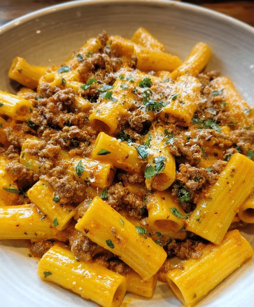 Creamy Parmesan Beef Rigatoni with Garlic Butter Sauce