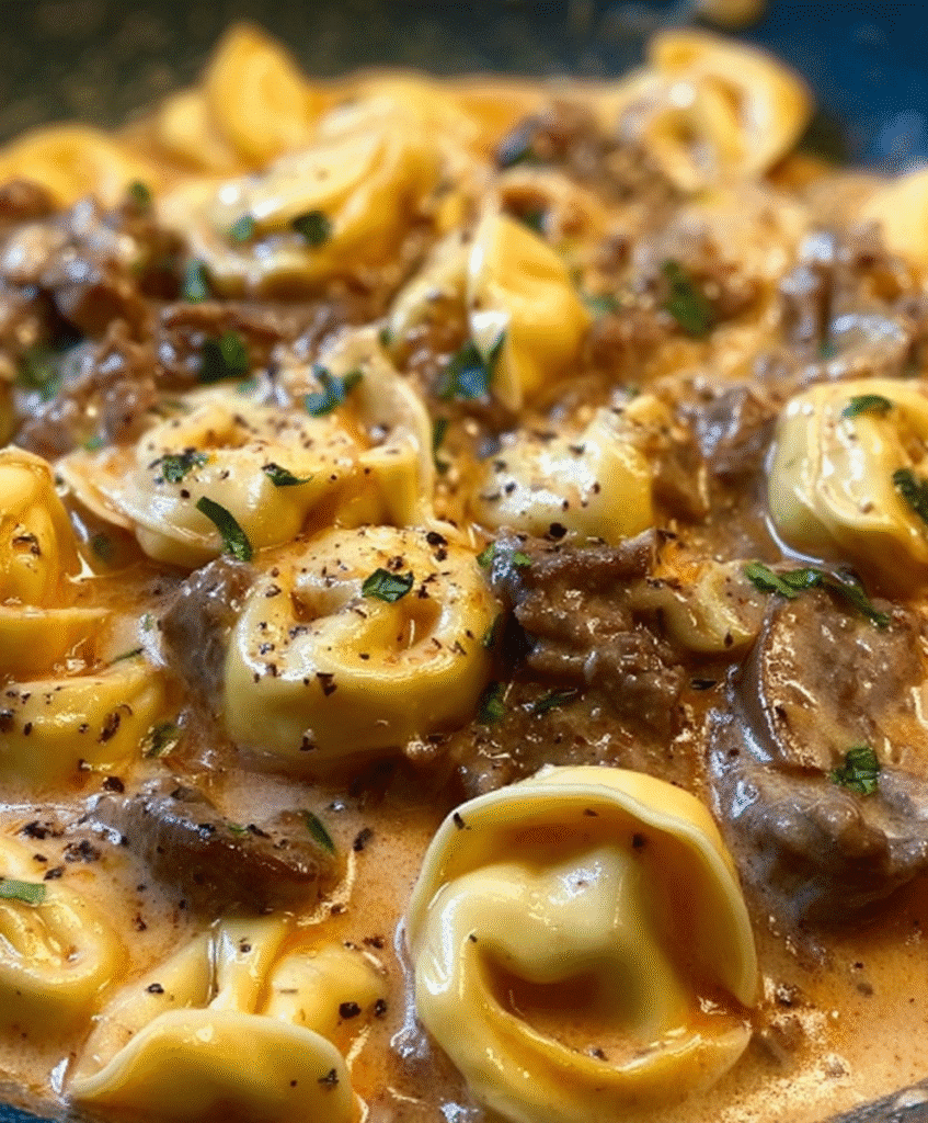 Cheesesteak Tortellini in Rich Provolone Sauce