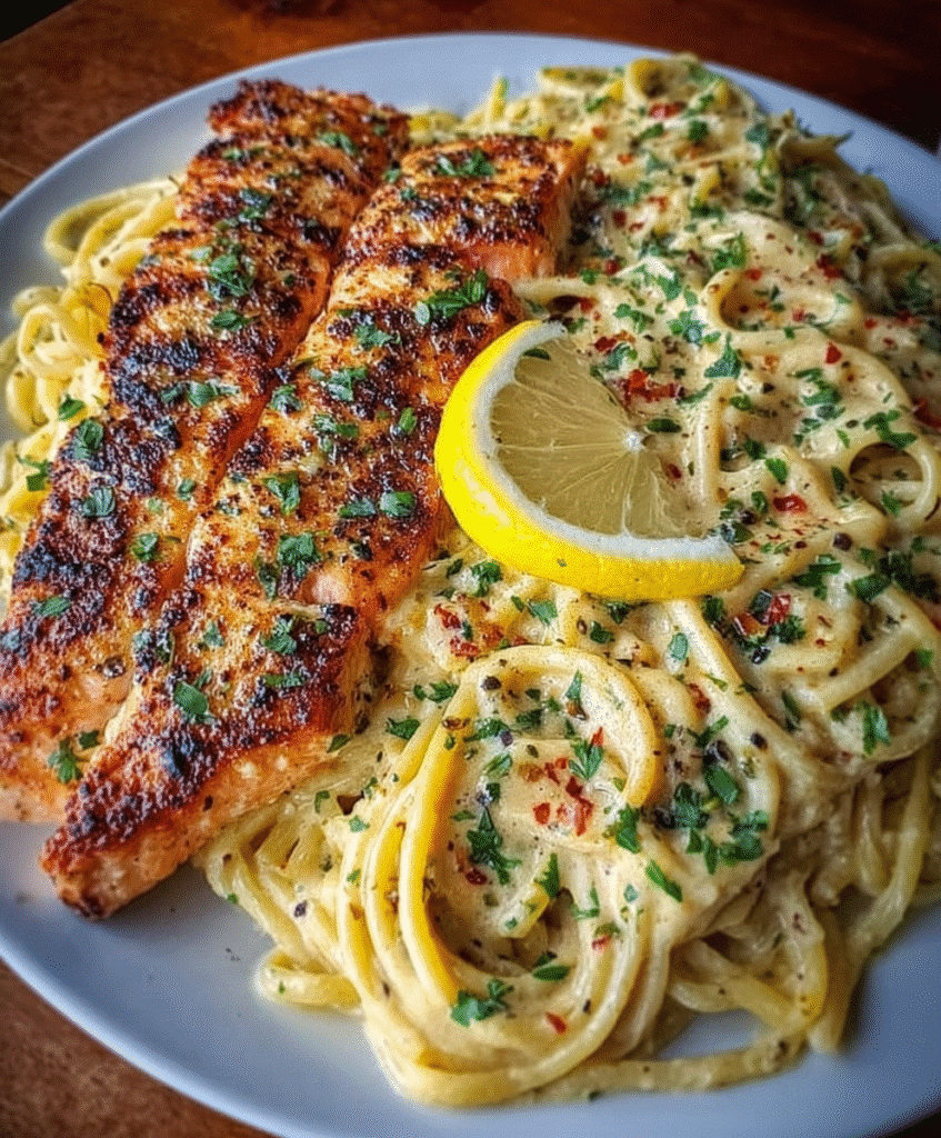 Garlic Parmesan Lemon Salmon Spaghetti in Spicy Cajun Cream Sauce