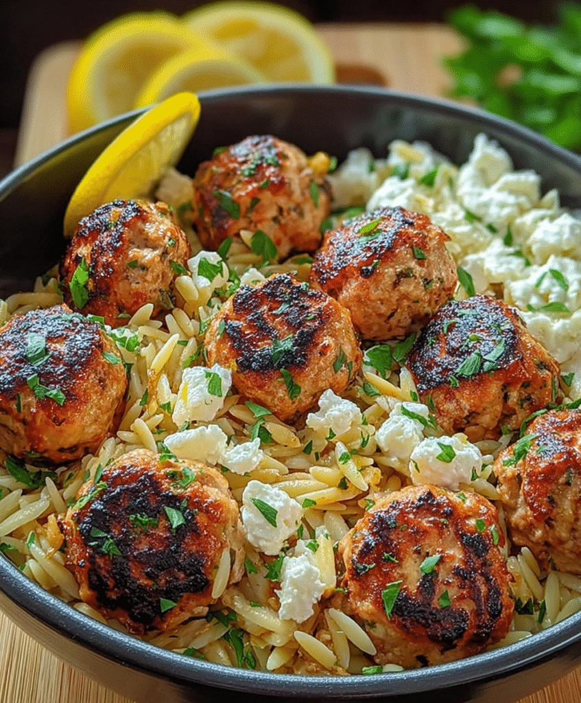 Greek Chicken Meatballs with Lemon Orzo