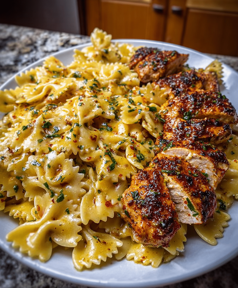 Cheesy Garlic Cajun Chicken Bowtie Pasta in Alfredo Sauce