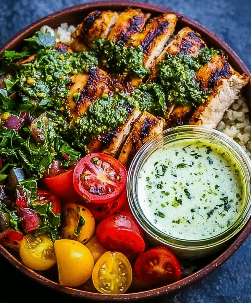 Chimichurri Grilled Chicken Bowl with Garlic Sauce