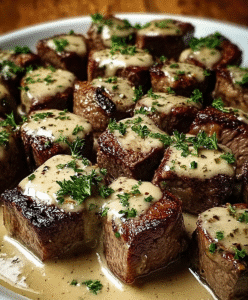 Tender Steak Bites in Garlic Butter with Creamy Parmesan Sauce