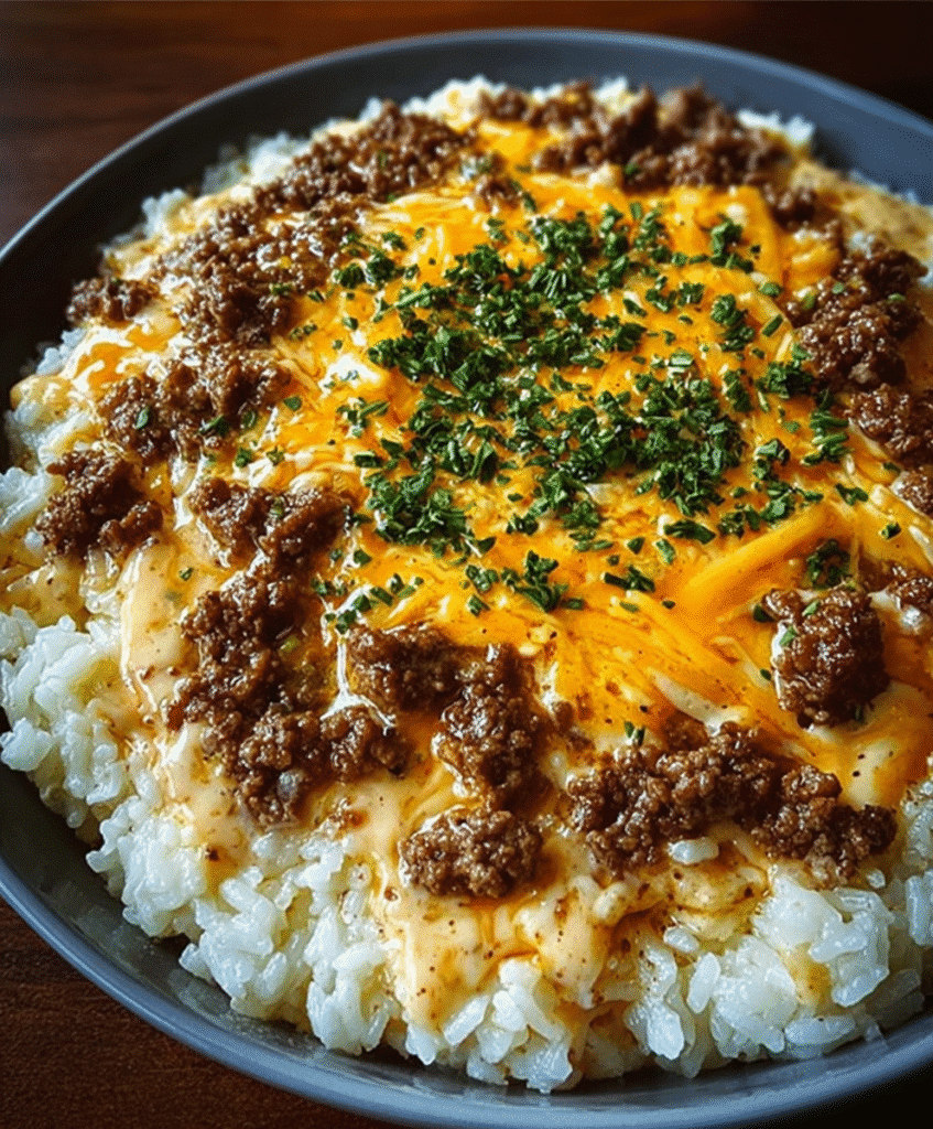 Garlic Butter Beef and Rice Skillet with Cheddar Parmesan Sauce