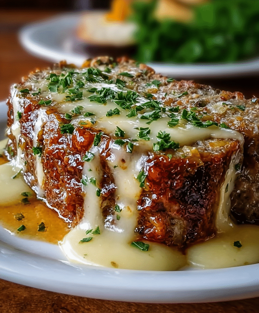 Crockpot Meatloaf with Savory Onion and Swiss Melt