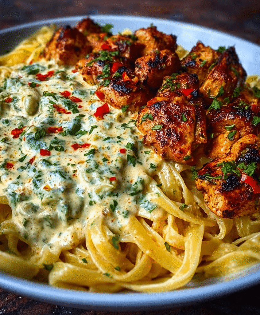 Spicy Cheesy Garlic Butter Chicken with Linguine in Four-Cheese Sauce
