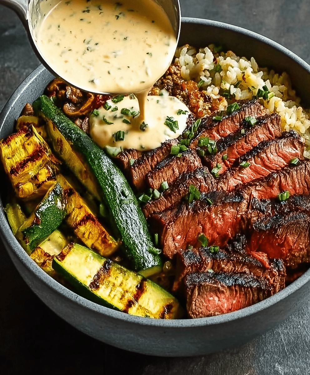 Grilled Steak Bowl with Creamy Sauce & Grilled Zucchini