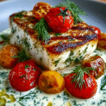 Grilled Cod with Roasted Tomatoes & Creamy Dill Sauce