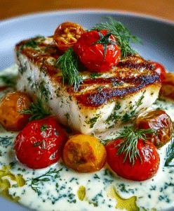 Grilled Cod with Roasted Tomatoes & Creamy Dill Sauce