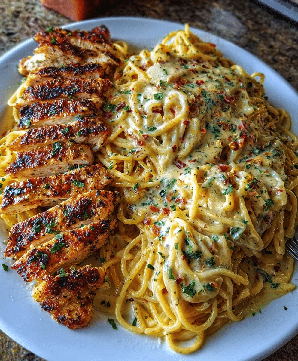 Spicy Cajun Three-Cheese Chicken Spaghetti in Garlic Parmesan Cream