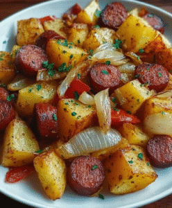 Fried Potatoes with Onions and Smoked Polish Sausage