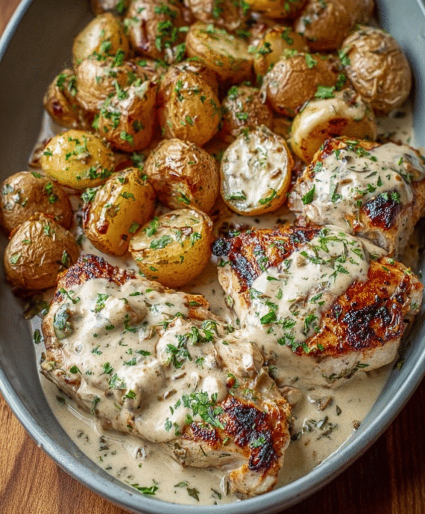 Creamy Herb Chicken with Roasted Baby Potatoes