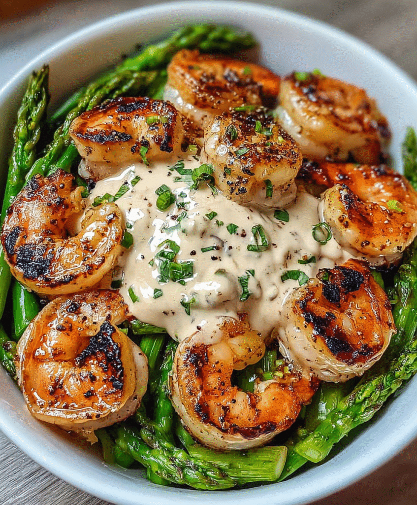Grilled Shrimp Bowl with Asparagus & Creamy Garlic Sauce