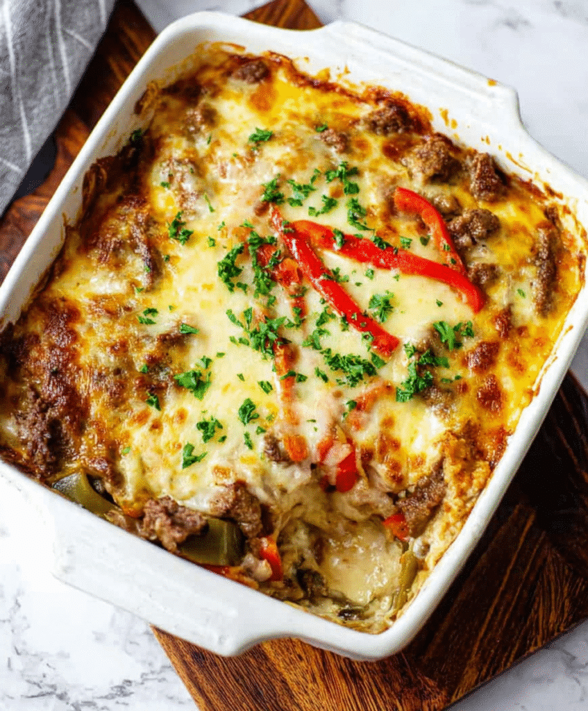 Carb-Conscious Philly Cheesesteak Casserole