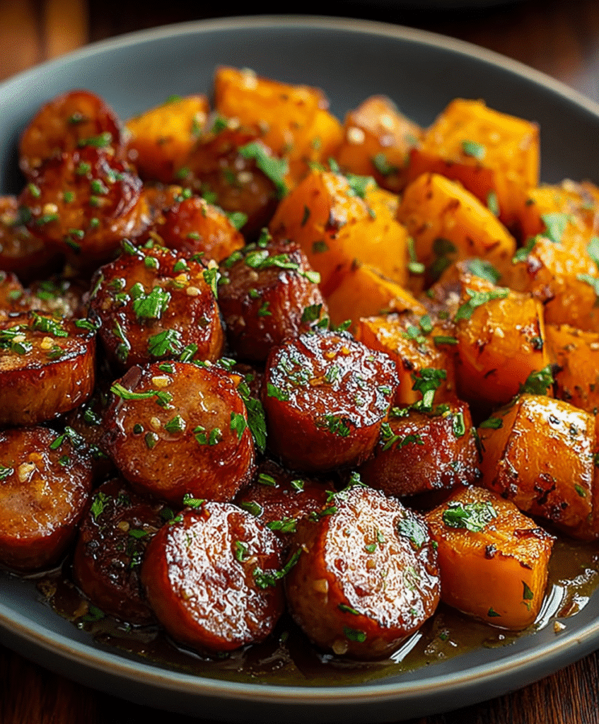 Sausage and Sweet Potatoes with Honey Garlic Sauce