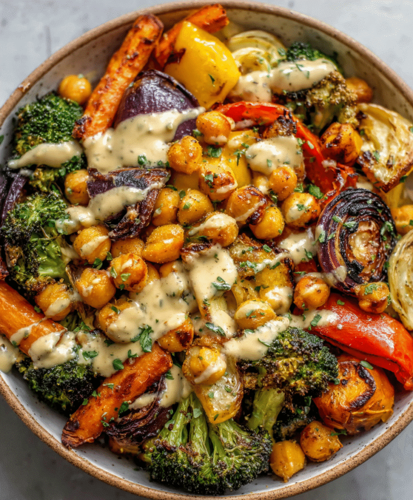 Roasted Veggie & Chickpea Bowls with Maple Dijon Tahini Dressing