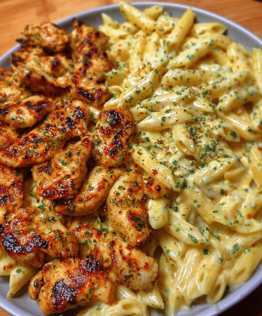 Lemon & Garlic Chicken Bites with Creamy Penne Parmesan Pasta