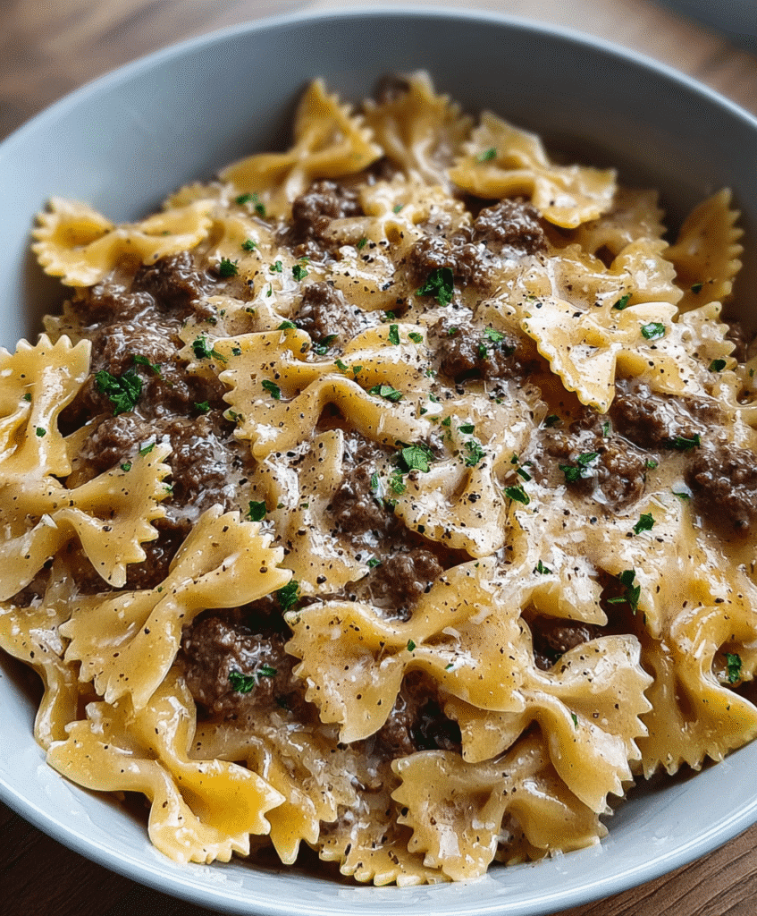 Creamy Parmesan Garlic Beef Bowtie Pasta