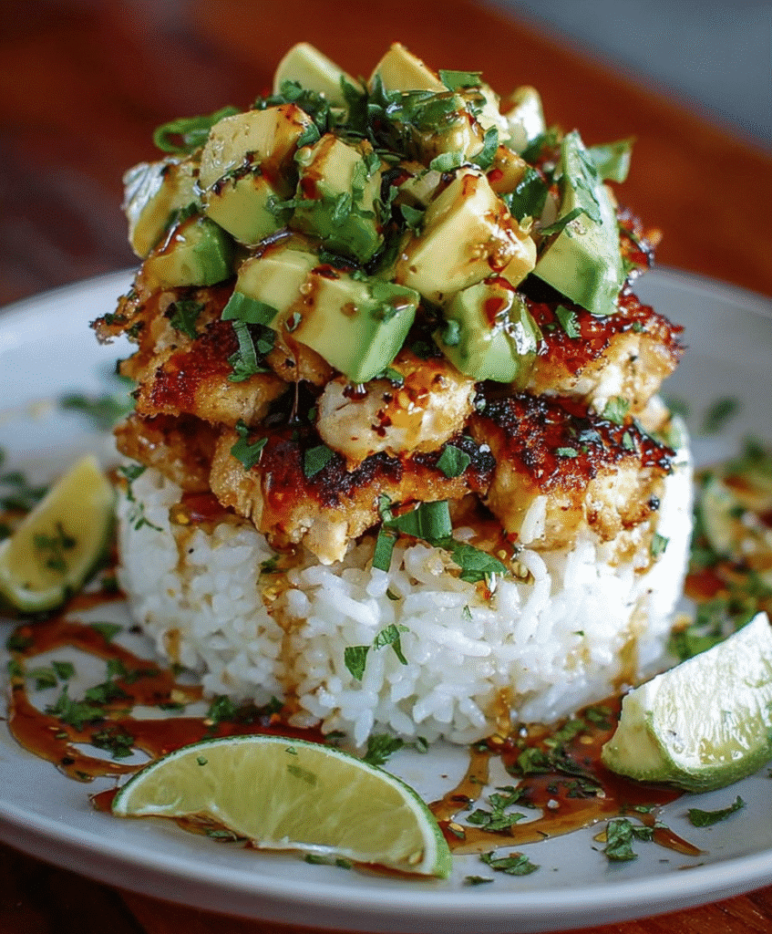 Honey Lime Chicken and Avocado Rice Stack