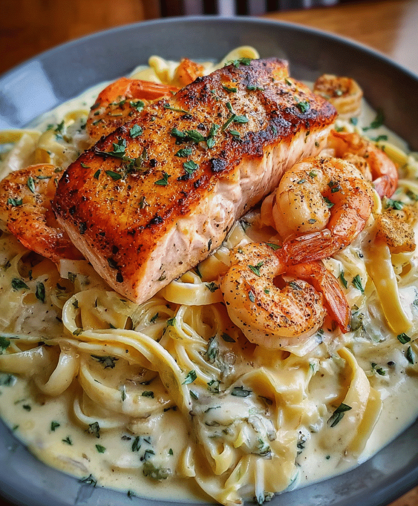 Salmon and Shrimp Alfredo