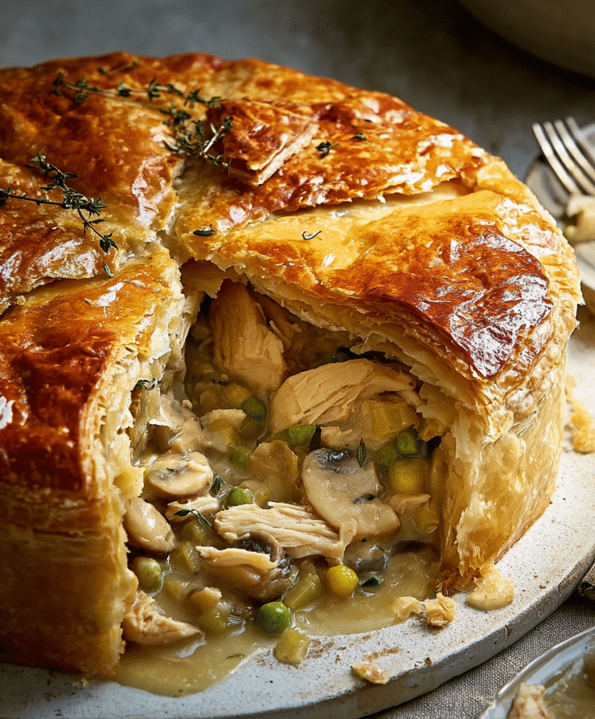 Creamy Chicken, Mushroom, and Vegetable Pie with Flaky Pastry