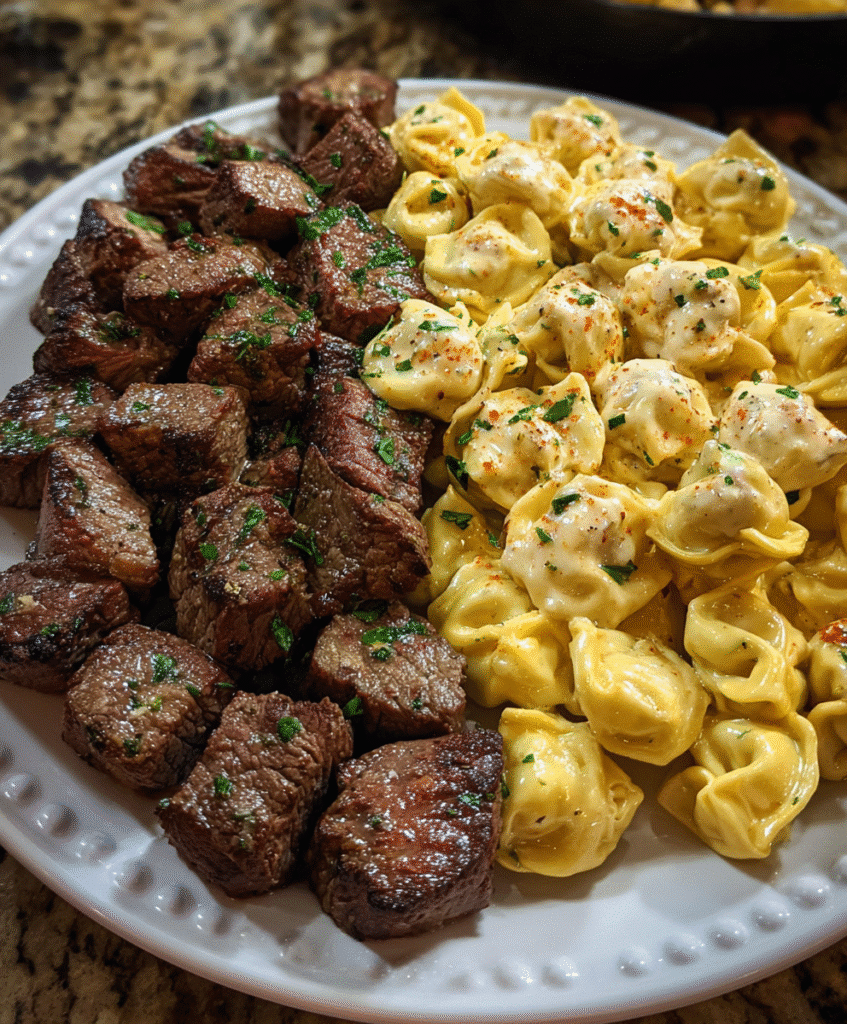 Garlic Butter Steak Bites & Creamy Alfredo Tortellini